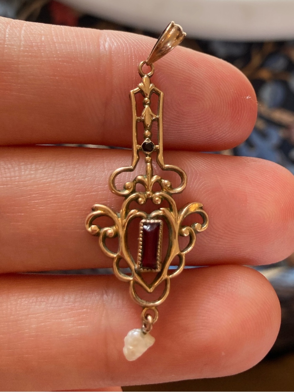 Antique Victorian Natural Pearl & Garnet Paste Lavaliere Pendant - Picture 7 of 9